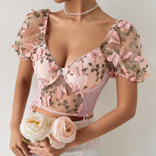 Load image into Gallery viewer, Embroidery Sweetheart Neck Short Sleeve Lace Trim Blouse