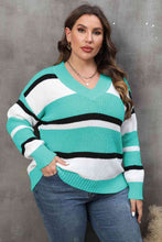 Load image into Gallery viewer, Plus Size Striped V-Neck Dropped Shoulder Sweater