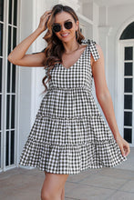 Load image into Gallery viewer, Plaid Tie Shoulder Frill Trim Tiered Dress