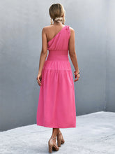 Load image into Gallery viewer, Asymmetrical One Shoulder Smocked Waist Midi Dress