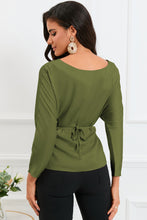 Load image into Gallery viewer, Boat Neck Back Tie Long Sleeve Satin Blouse
