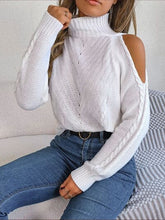 Load image into Gallery viewer, Cable-Knit Turtleneck Cold Shoulder Sweater