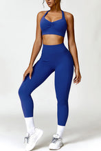 Load image into Gallery viewer, Ruched Halter Neck Bra and Pocketed Leggings Active Set