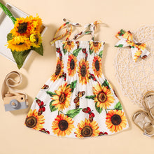 Load image into Gallery viewer, GIRLS Sunflower Print Smocked Tie Shoulder Dress