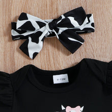 Load image into Gallery viewer, Baby Girl Graphic Ruffled Bodysuit and Cow Print Shorts Set