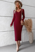Load image into Gallery viewer, V-Neck Long Sleeve Ribbed Sweater Dress