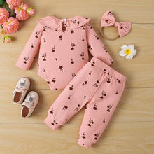 Load image into Gallery viewer, Bow Headband, Ruffled Printed Bodysuit and Pants Set