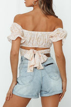 Load image into Gallery viewer, Flower Print Ruffle Trim Off-Shoulder Back Tie Blouse