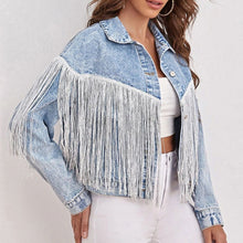 Load image into Gallery viewer, Fringe Detail Collared Neck Long Sleeve Denim Jacket