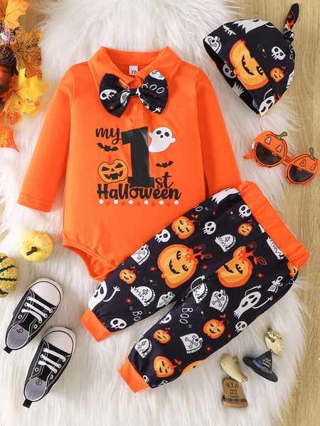 Baby Printed Bow Front Collared Neck Bodysuit and Pants Set