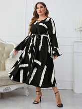 Load image into Gallery viewer, Plus Size Printed Tie Belt Flare Sleeve Round Neck Midi Dress