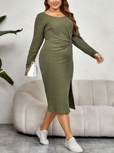 Load image into Gallery viewer, Plus Size Ribbed Round Neck Twisted Slit Midi Dress