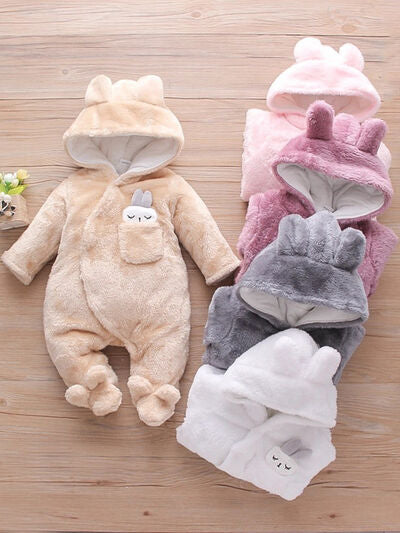 Baby Rabbit Decor Long Sleeve Hooded Snapped Jumpsuit