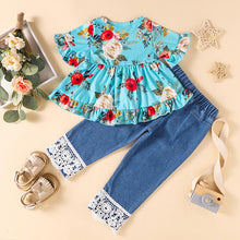 Load image into Gallery viewer, Baby Girl Floral Round Neck Top and Lace Trim Distressed Jeans Set