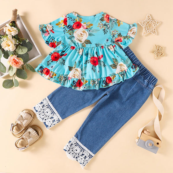 Baby Girl Floral Round Neck Top and Lace Trim Distressed Jeans Set
