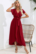 Load image into Gallery viewer, Ruffled Tied V-Neck Midi Dress