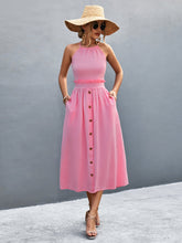 Load image into Gallery viewer, Buttoned Halter Neck Frill Trim Midi Dress