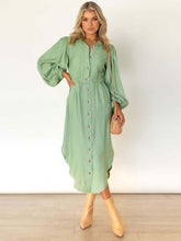 Load image into Gallery viewer, Drawstring Button Up Balloon Sleeve Dress