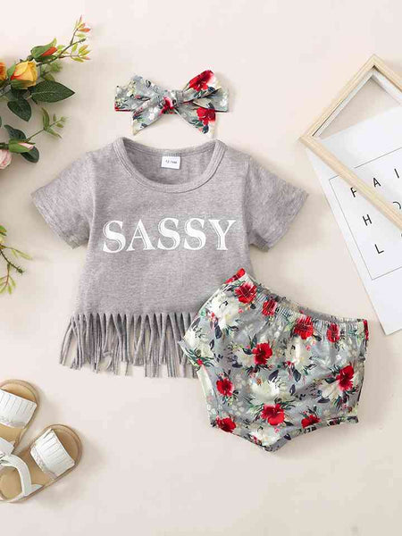 Baby Girl Fringe Detail SASSY Graphic T-Shirt and Floral Print Shorts Set