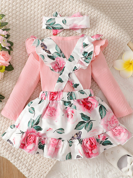 Baby Girl Round Neck Long Sleeve Top and Printed Dress Set