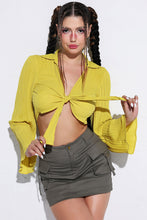 Load image into Gallery viewer, Tie Front Johnny Collar Flare Sleeve Cropped Top