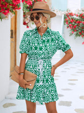 Load image into Gallery viewer, Printed Tie Waist Collared Flounce Sleeve Dress
