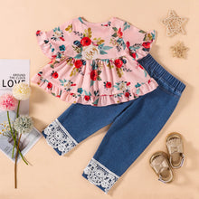 Load image into Gallery viewer, Baby Girl Floral Round Neck Top and Lace Trim Distressed Jeans Set