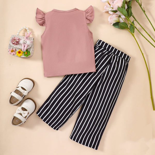 Baby Girl Round Neck Butterfly Sleeve Top and Striped Pants Set