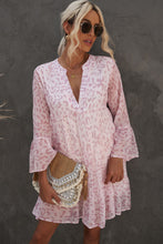 Load image into Gallery viewer, Printed Notched Neck Flare Sleeve Tiered Dress