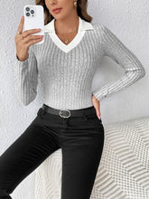 Load image into Gallery viewer, Ribbed Contrast Johnny Collar Long Sleeve Blouse