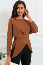 Load image into Gallery viewer, Boat Neck Back Tie Long Sleeve Satin Blouse