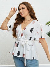 Load image into Gallery viewer, Feather Print Tied Flutter Sleeve Blouse