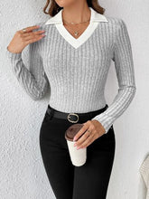 Load image into Gallery viewer, Ribbed Contrast Johnny Collar Long Sleeve Blouse