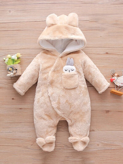 Baby Rabbit Decor Long Sleeve Hooded Snapped Jumpsuit